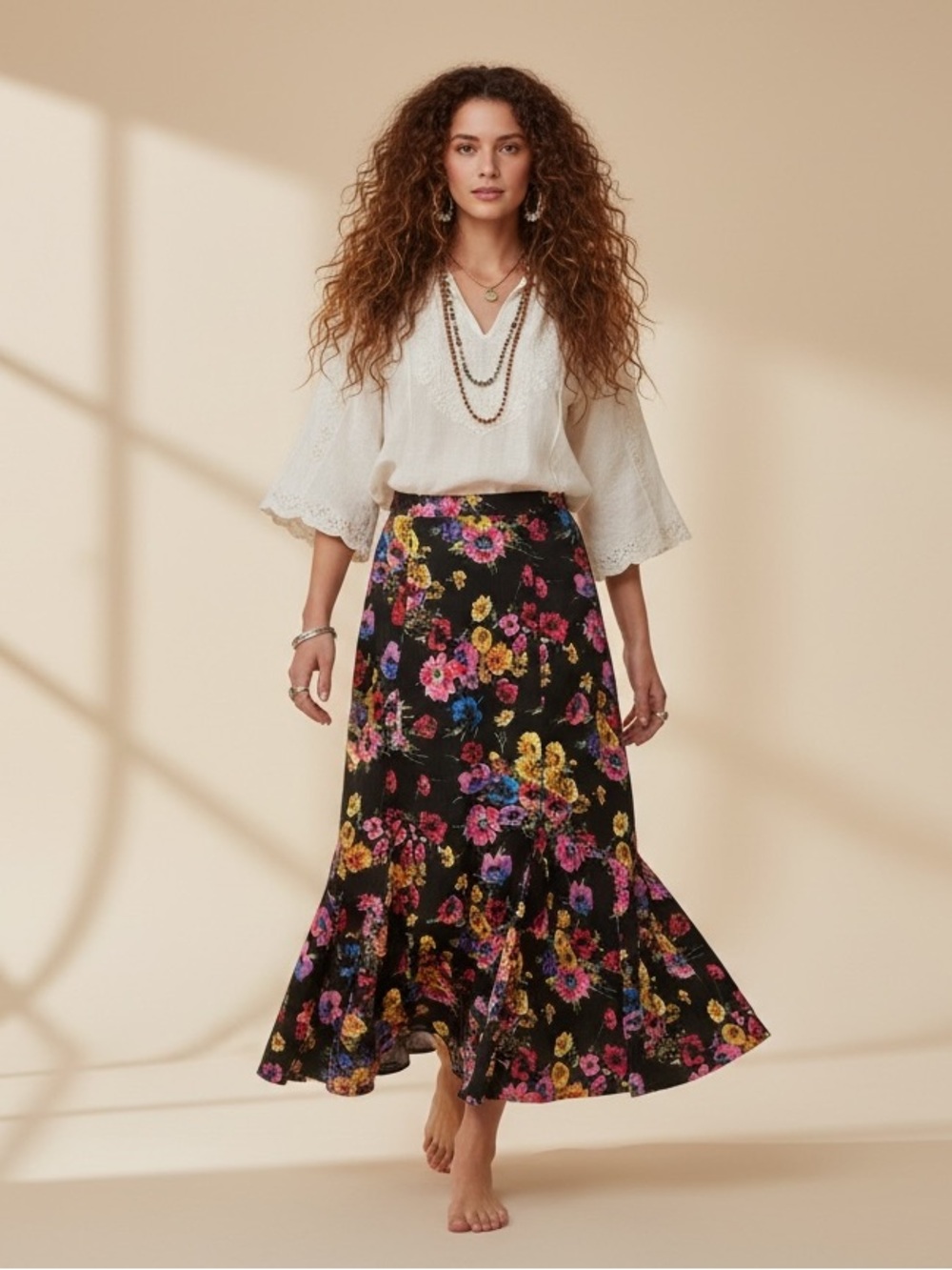 Handmade Vintage Style Floral Midi Maxi Skirt Black Multicolor A-Line Size M